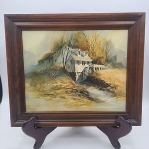 Vintage Framed Country Rural Print Water Wheel Mill House